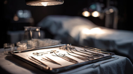 surgical instruments on a table with a bed in the background.