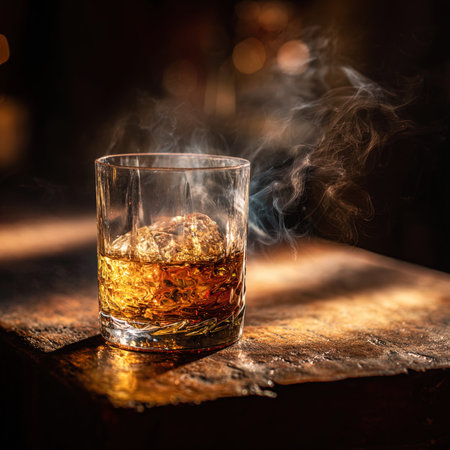 Whiskey with ice on the rocks in a dark bar.の写真素材