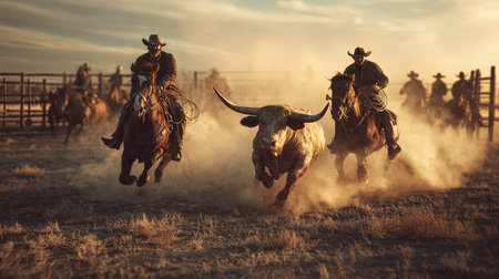 Cowboy riding a bucking bronc at a country rodeo