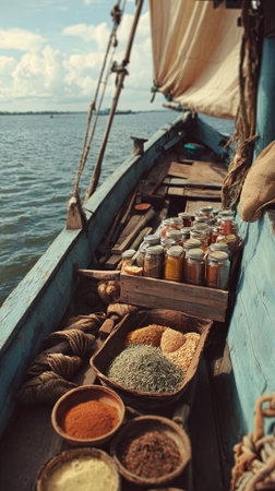 Spices and herbs on wooden boat in the sea, Thailand.