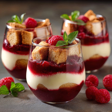 Panna cotta with raspberries in glasses, selective focus