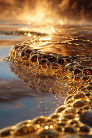 abstract golden water surface with ripples and bubbles in the sunの写真素材