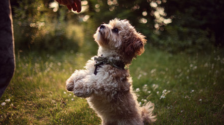 cute little dog playing in the grass in the garden at sunset