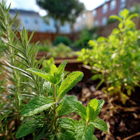 Fresh herbs growing in the garden. Selective focus with shallow depth of field.