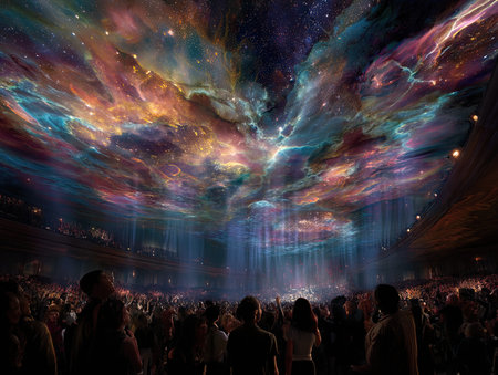 Crowd of people watching a big concert in the night club