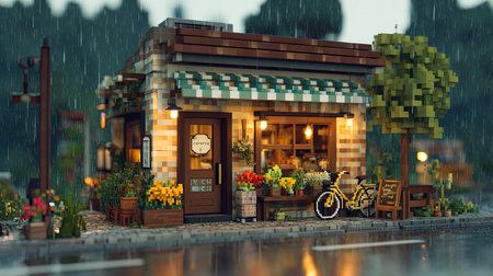3D illustration of a small cafe in the rain with a bicycleの写真素材