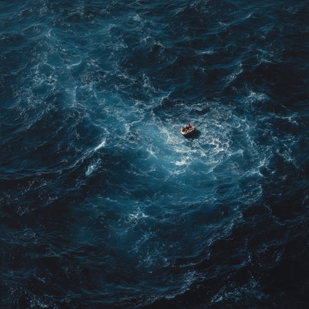 Aerial view of a man in a boat in the sea.の写真素材