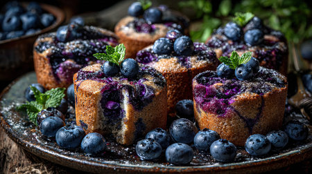 Homemade blueberry muffins with fresh berries on rustic background