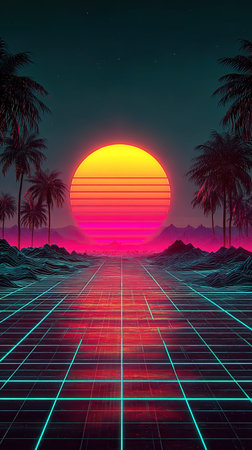 Retro Sci-Fi Landscape with Sunset and Palm Trees.