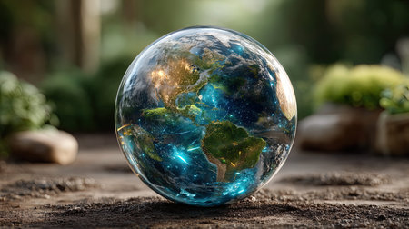 Glass globe with the image of the planet Earth in the garden.の写真素材