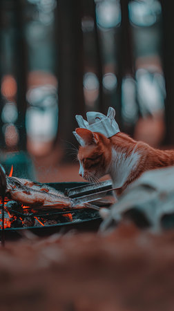 Red cat in chef hat roasting meat on bonfire in forestの写真素材