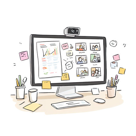 Illustration of a desktop computer with social media icons on the screenの写真素材