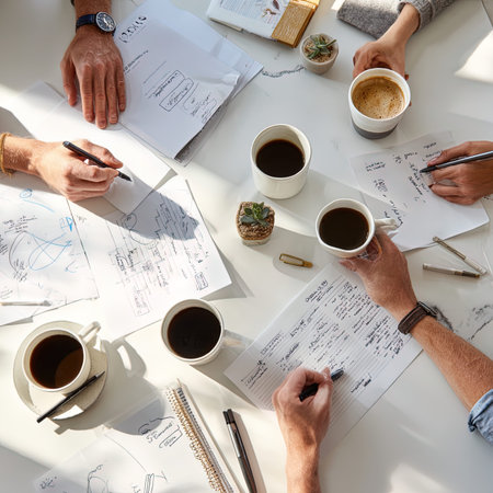 Top view of business people sitting at the table with cups of coffee