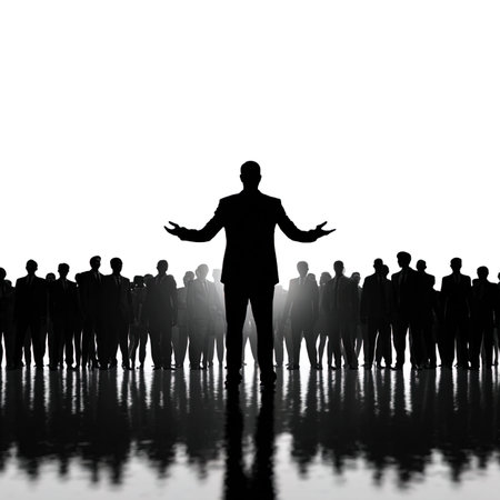 Silhouette of a business man standing in front of a crowdの写真素材