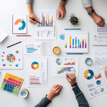Top view of business people working together on project at office desk.の写真素材