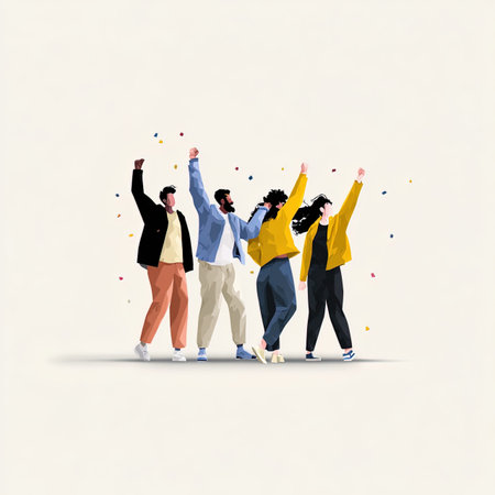 Happy group of young people celebrating success with raised hands. Vector illustration.