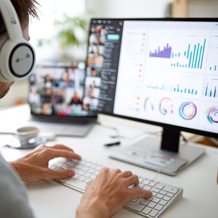 Man working on computer at home in front of a monitor with charts and graphs