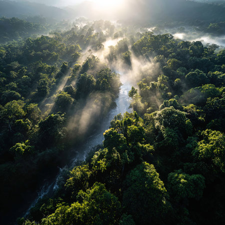 Aerial view of beautiful tropical rainforest with fog and sunbeams