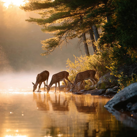 Fallow deer with fawns at a lake in the morningの写真素材