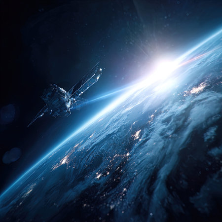 View of a Space station flying in space during a sunrise 3D rendering