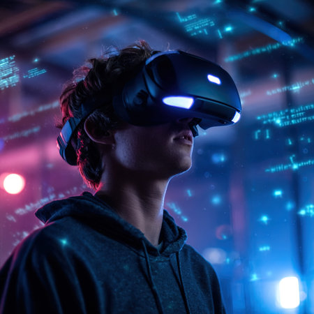 Young man wearing virtual reality glasses. Future technology concept. Double exposure