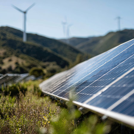 solar energy panels in a field with wind turbines in the background