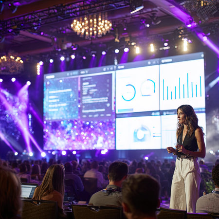 Crowd at event in front of a screen with charts and graphs