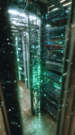 Network servers in data room with Snowflakes effect.