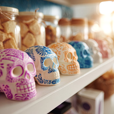 Skulls on a shelf in a shop, close-upの写真素材