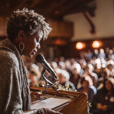 African american woman speaking in a microphone during a conference in a church