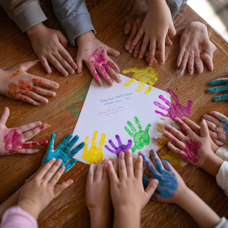 Top view of children hands with paint on paper at table in classroom