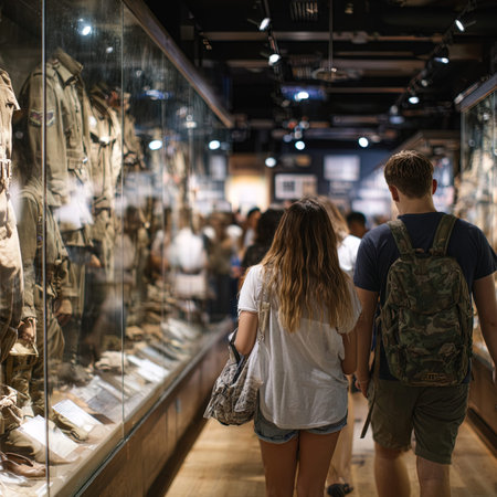 Tourists looking at a display in a museum.