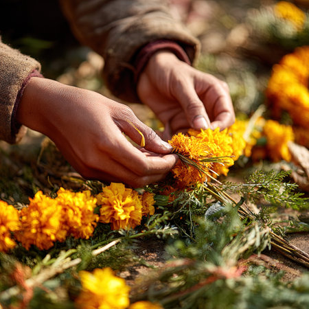 Florist making a bouquet of marigold flowers. Selective focus.