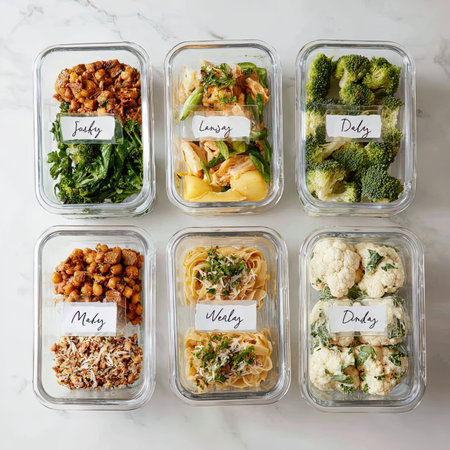 Healthy eating, dieting and vegetarian food concept. Takeaway food in plastic containers over marble...