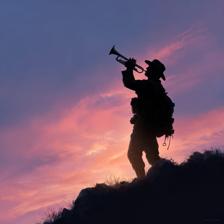 Silhouette of a man with a trumpet on the top of the mountain at sunsetの写真素材