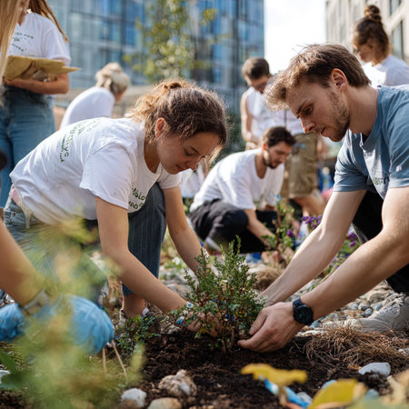 Group of volunteers planting trees in the city. Recycling concept