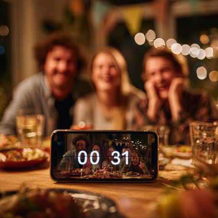 Group of friends having a dinner at home and using a smartphone.