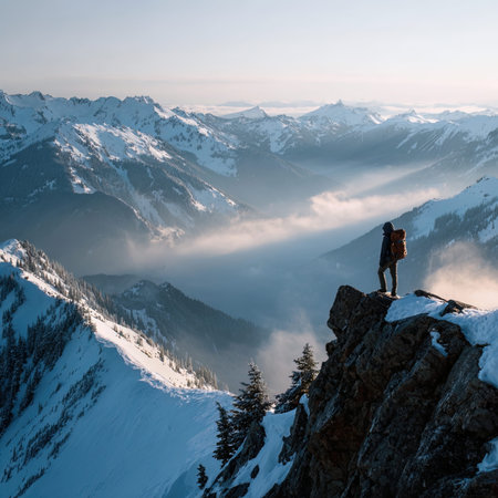 Hiker on the top of a mountain.の写真素材