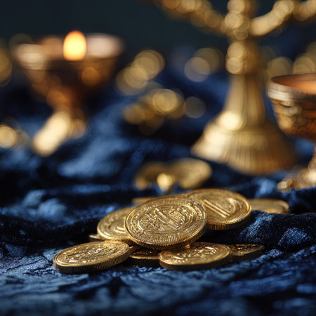 Vintage candlestick and gold coins on a blue background.