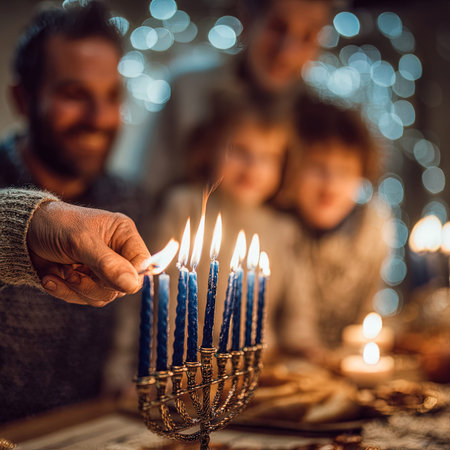 Happy family with menorah during Hanukkah celebration at homeの写真素材