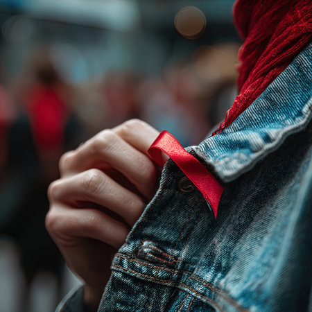 Red ribbon in the pocket of a jeans jacket, close-up