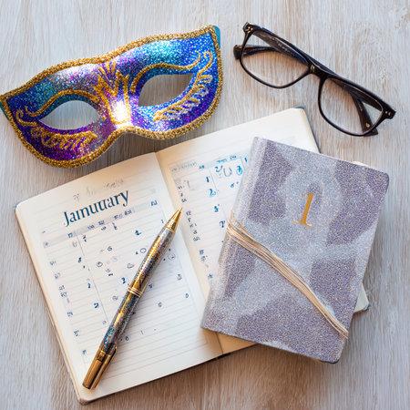 Notebook, glasses and mask