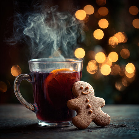 Cup of hot mulled wine with gingerbread cookie on bokeh background