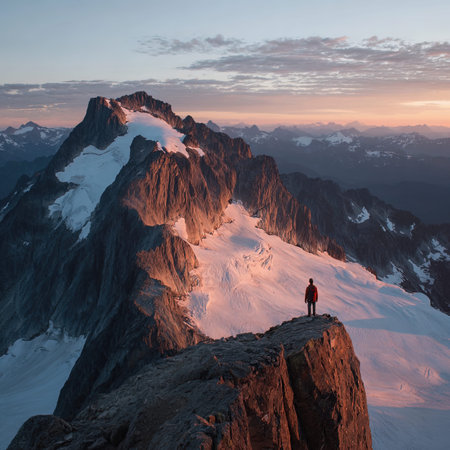 Hiker on the top of the mountain at sunrise.の写真素材
