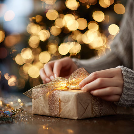 christmas, holidays and people concept - close up of woman hands with gift box over bokeh lights backgroundの写真素材