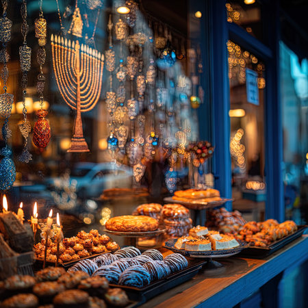 Traditional jewish holiday Hanukkah background with menorah (traditional candelabra) and cakes