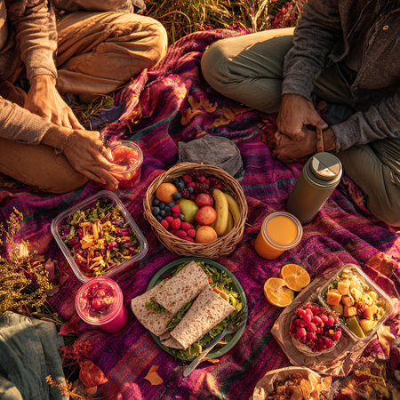 Group of friends having a picnic in the countryside, eating healthy food.の写真素材