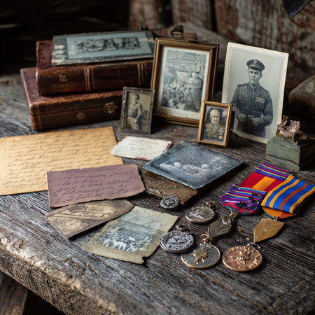 Old military items on an old wooden table. Vintage style photo.の写真素材