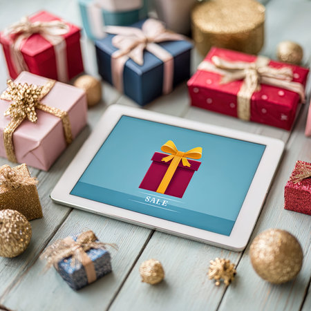 Gift Box Celebration Party Xmas Decorations Concept on Digital Deviceの写真素材
