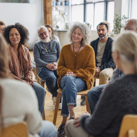 Group of senior people sitting in a circle during a meeting in a retirement homeの写真素材